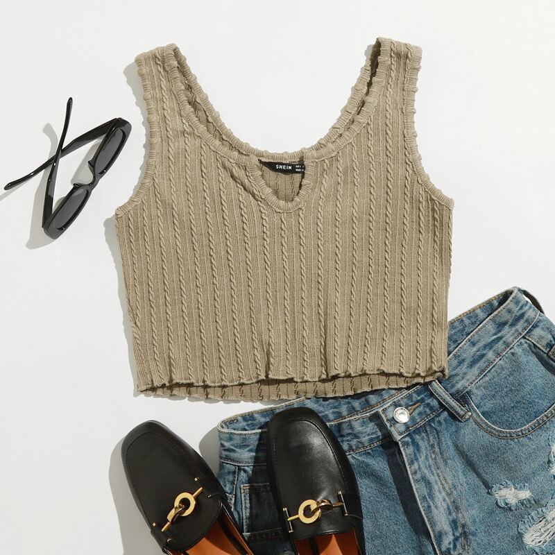 

Notch Neck Crop Tank Top, Khaki