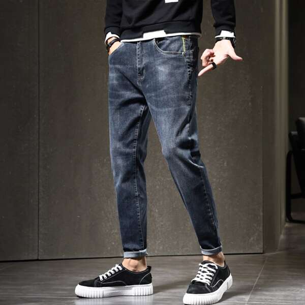 

Men Slant Pocket Straight Leg Jeans, Dark wash