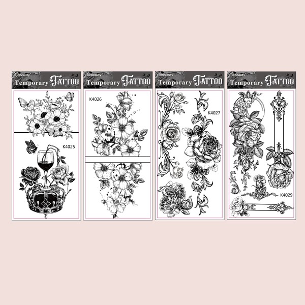 

4sheet Flower Pattern Tattoo Sticker, Black