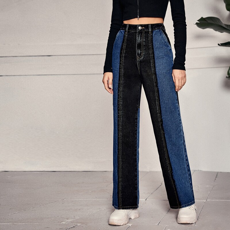 

High Waist Colorblock Wide Leg Jeans, Multicolor