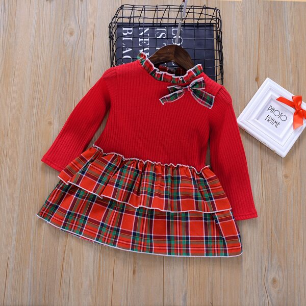 

Toddler Girls Spliced Tartan Bow Front Dress, Red