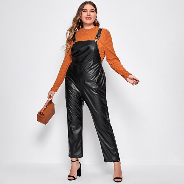 

Plus PU Solid Overall Jumpsuit, Black