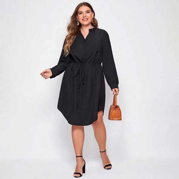 

Plus Notched Neck Drawstring Waist Curved Hem Dress, Black
