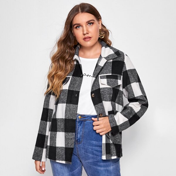 

Plus Buffalo Plaid Flap Detail Jacket, Black and white