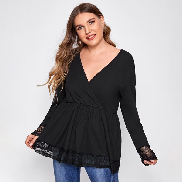 

Plus Contrast Lace Surplice Front Peplum Tee, Black