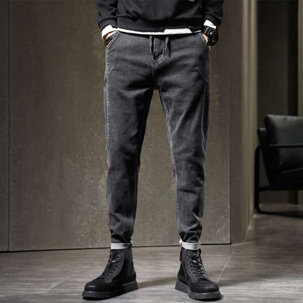 

Men Drawstring Waist Slant Pocket Jeans, Black