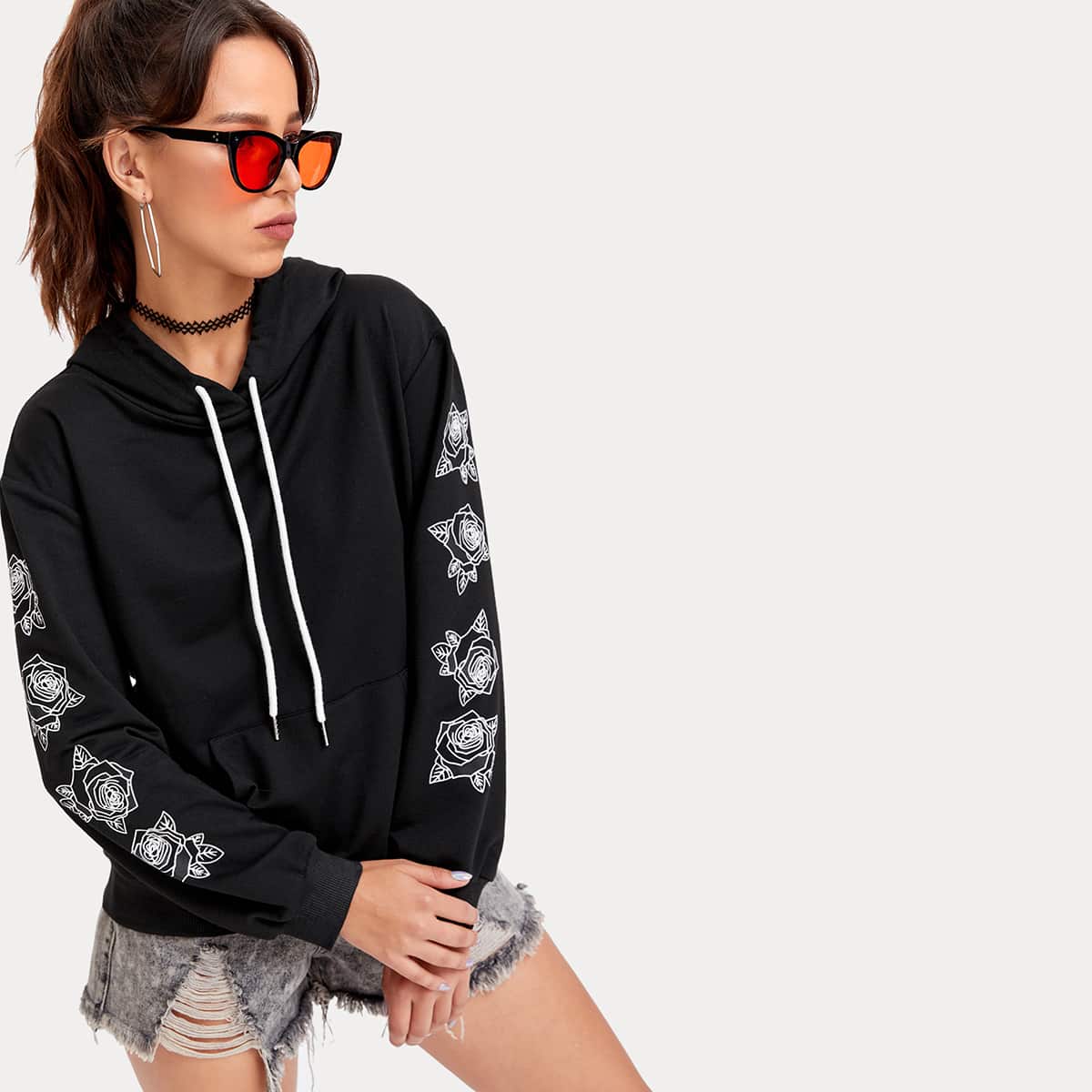 

Floral Print Drawstring Hoodie, Black