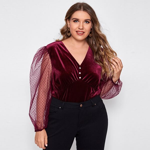 

Plus Contrast Dobby Mesh Sleeve Velvet Top, Maroon