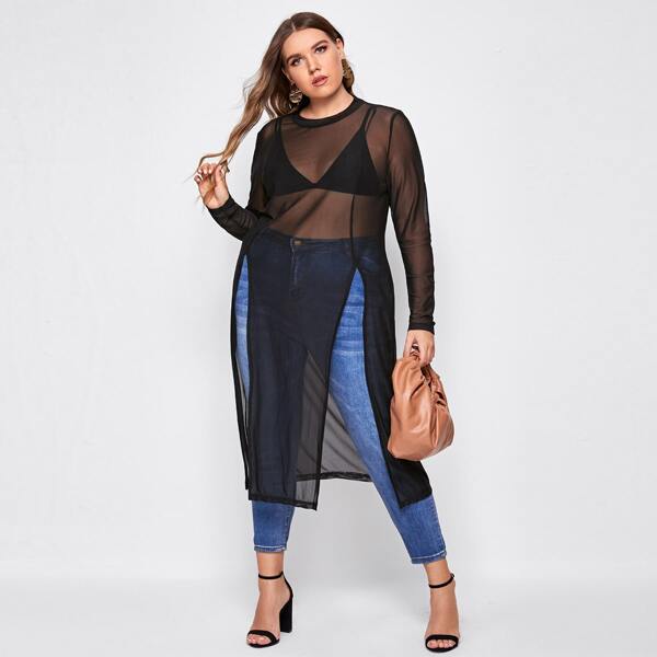 

Plus Split Hem Sheer Mesh Top, Black