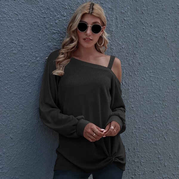 

Asymmetrical Neck Twist Hem Waffle Knit Tee, Black