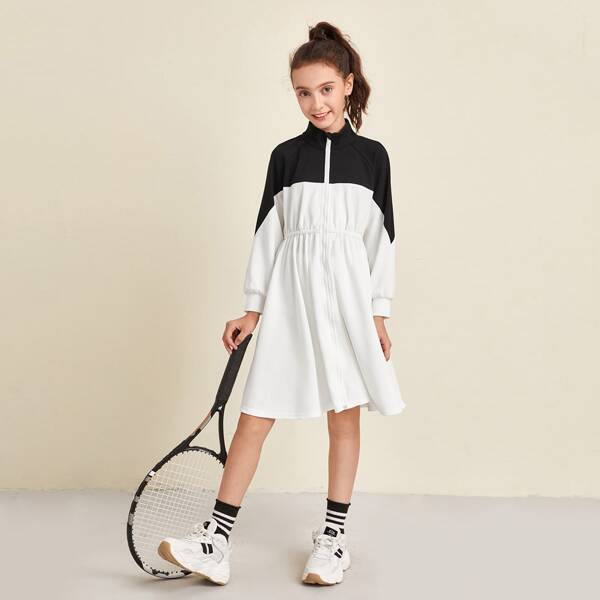 

Girls Two Tone Raglan Sleeve Zipper Placket Dress, Black and white