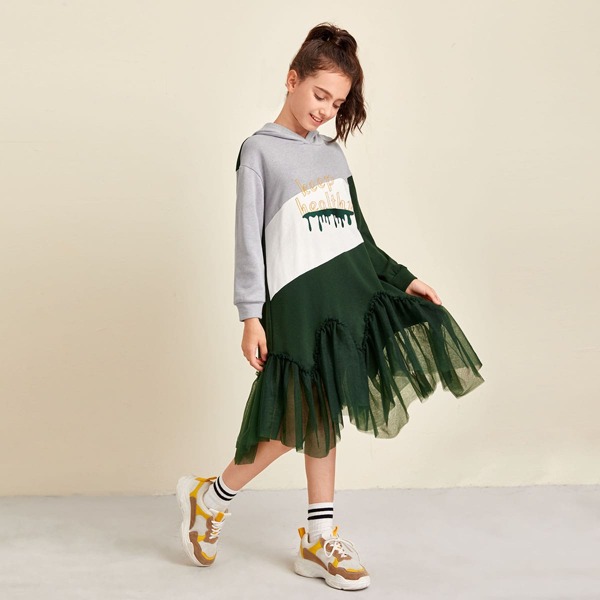 

Girls Slogan Embroidered Mesh Hanky Hem Hoodie Dress, Multicolor