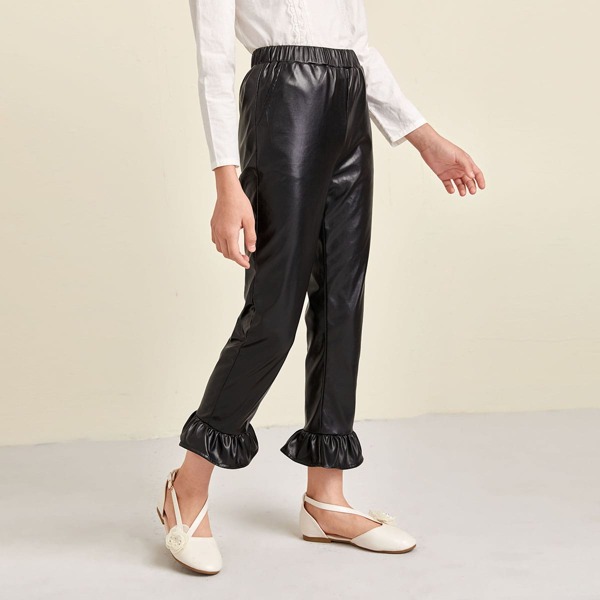 

Girls Ruffle Hem PU Leather Crop Pants, Black