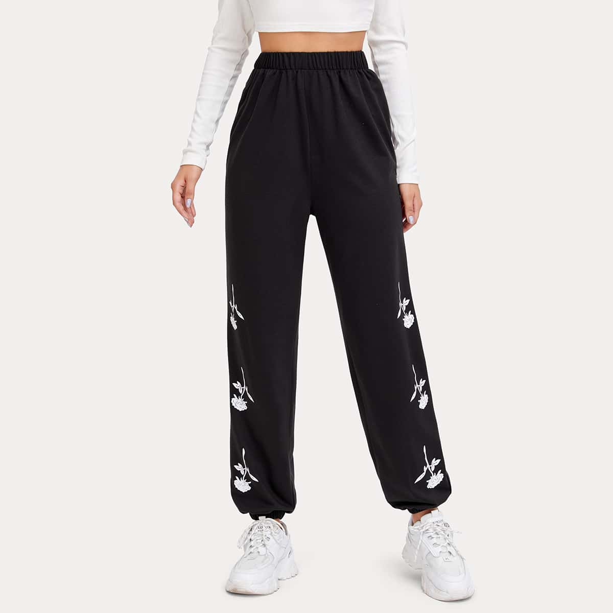 

Floral Print Sweatpants, Black