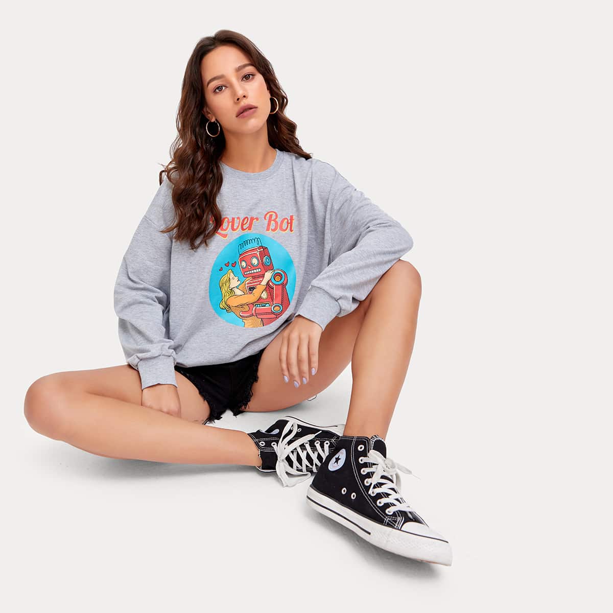 

Letter Figure Graphic Oversized Sweatshirt, Grey