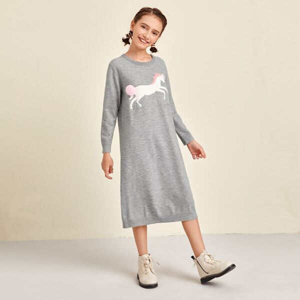 

Girls Faux Fur Pom Pom Detail Cartoon Sweater Dress, Grey