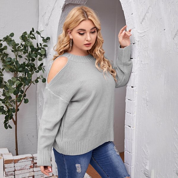 

Plus Cold Shoulder Rib-Knit Sweater, Light grey
