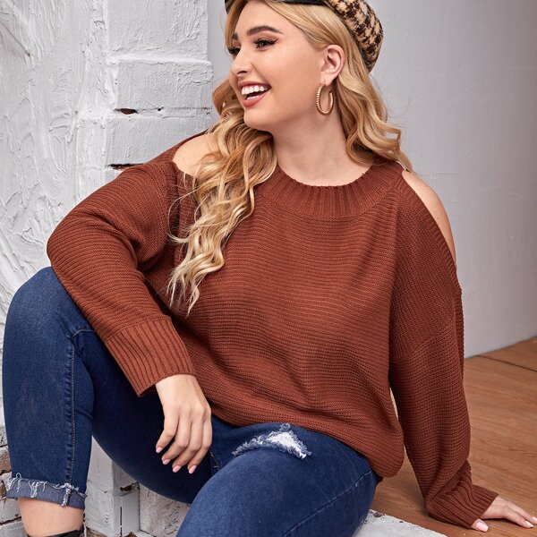 

Plus Cold Shoulder Rib-Knit Sweater, Rust brown