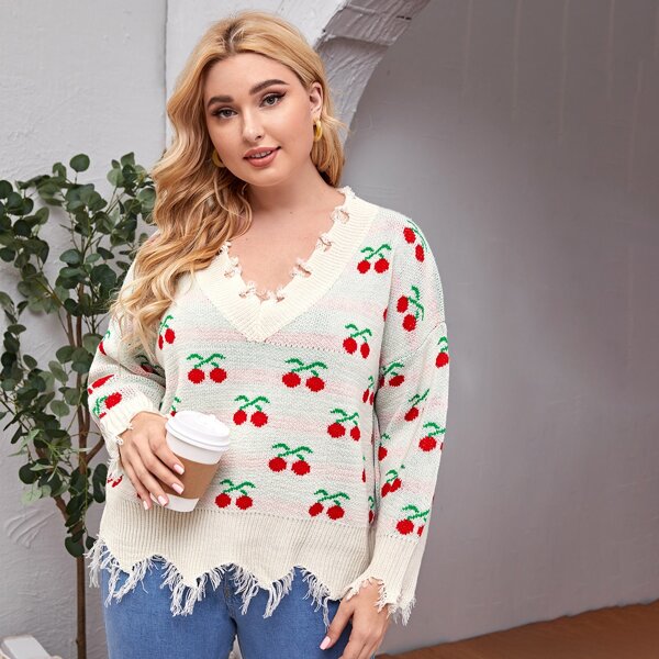 

Plus Cherry Pattern Ripped Distressed Sweater, Multicolor