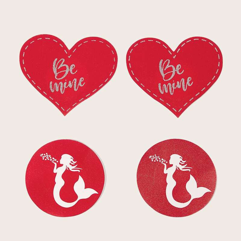 

2pairs Mermaid & Letter Graphic Nipple Cover, Red