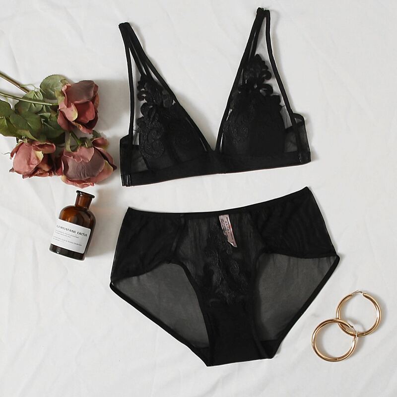 

Embroidered Mesh Lingerie Set, Black