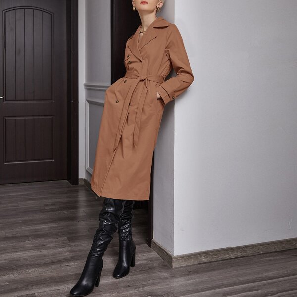 

Double Button Belted Solid Trench Coat, Brown