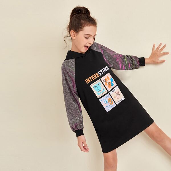 

Girls Letter & Figure Graphic Glitter Sleeve Hooded Sweatshirt Dress, Multicolor