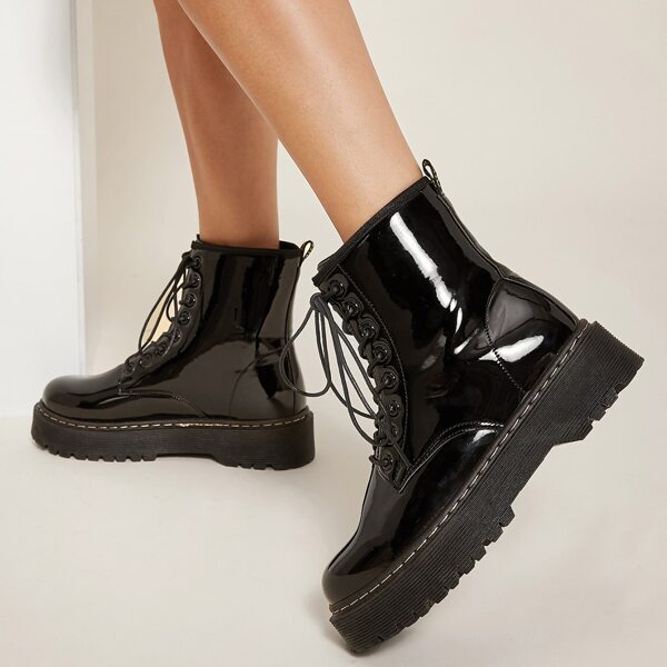

Fake Patent Leather Platform Combat Boots, Black