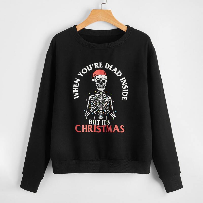 

Christmas Slogan Skull Graphic Sweatshirt, Black