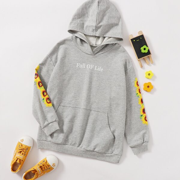 

Girls Slogan & Sunflower Print Drop Shoulder Hoodie, Grey