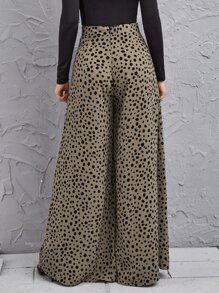 SHEIN LUNE 高腰斑點寬腿褲子 - 卡其色 - 查看 2