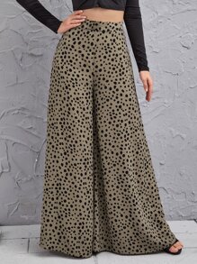 SHEIN LUNE 高腰斑點寬腿褲子 - 卡其色 - 查看 4