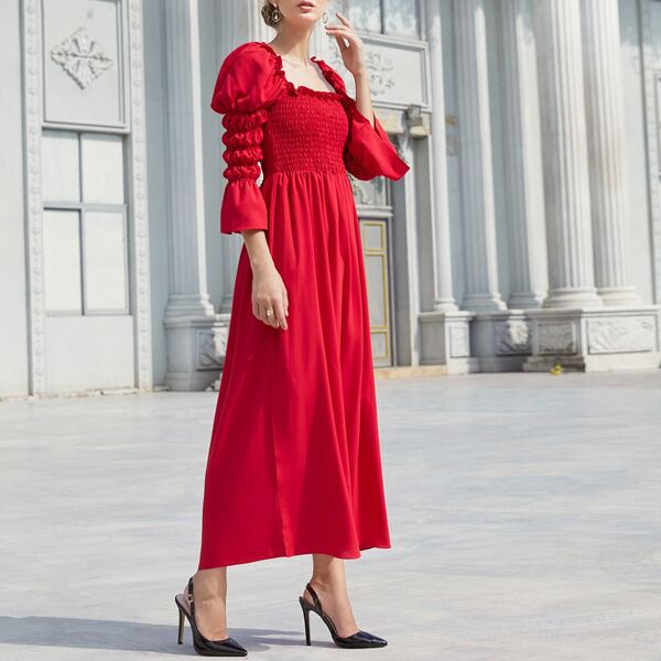 

Square Neck Frill Trim Shirred Puff Sleeve Dress, Red