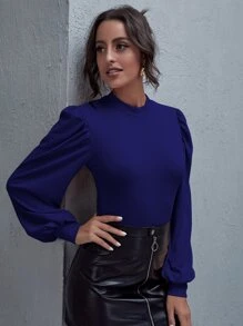 SHEIN LUNE Solid Bishop Sleeve Tee - Navy Blue - View 5
