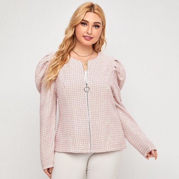 

Plus Leg-of-mutton Sleeve O-ring Zipper Plaid Tweed Jacket, Multicolor