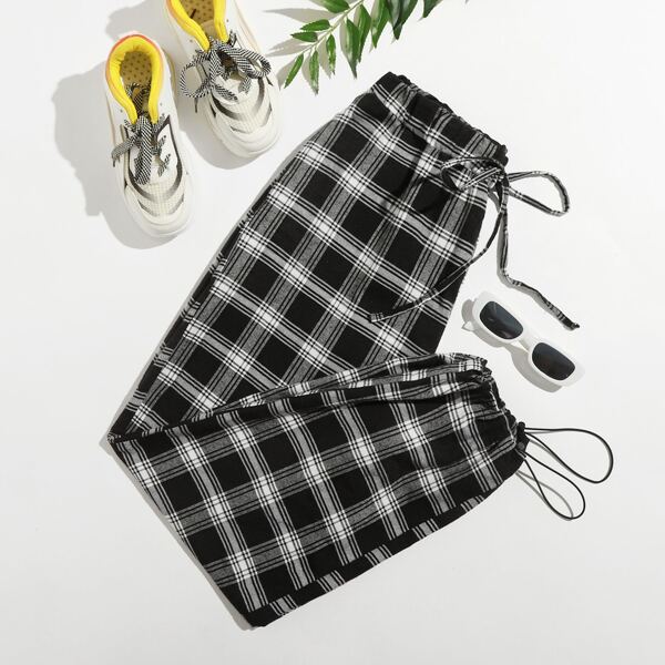 

Plaid Print Drawstring Hem Pants, Black and white