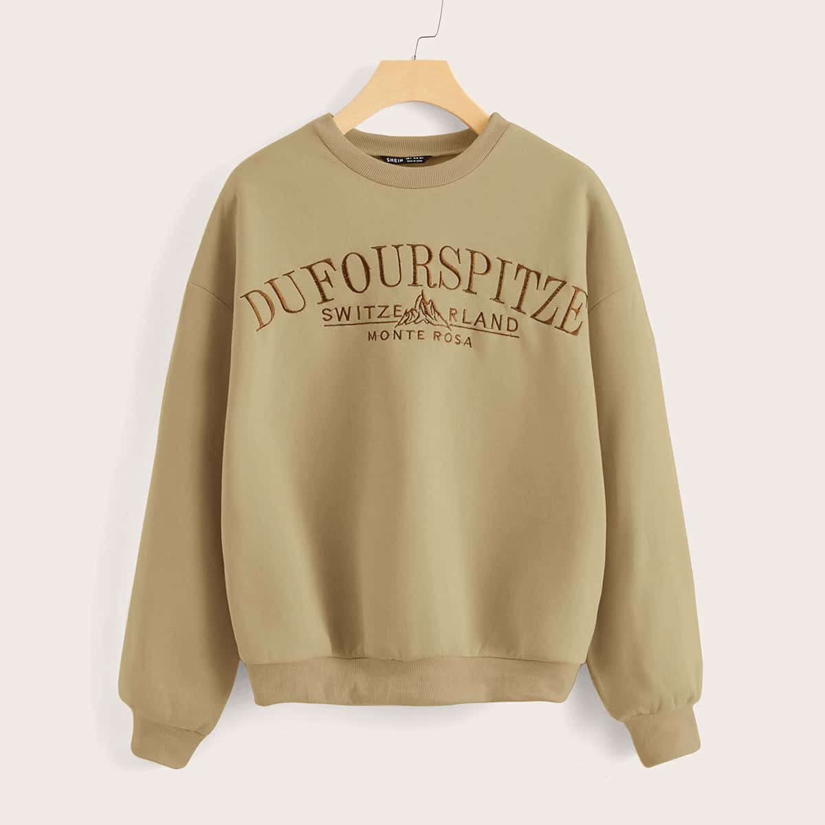 

Drop Shoulder Embroidered Letter Pullover, Khaki