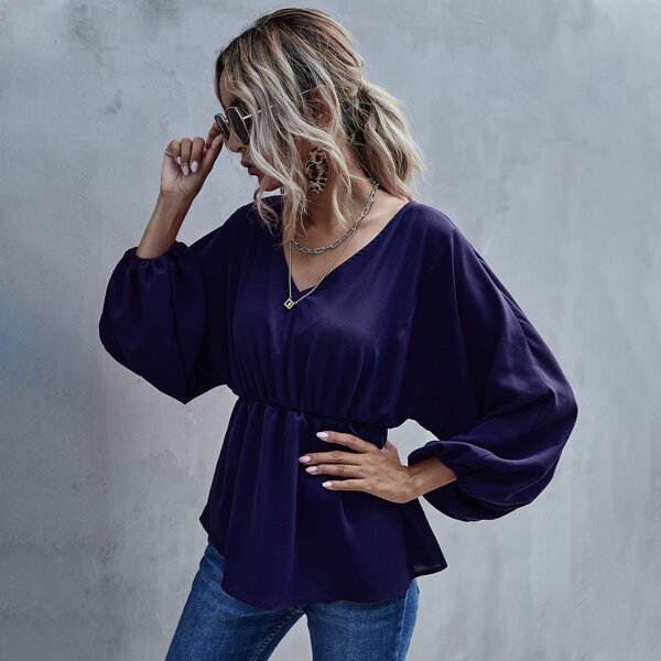 

Bishop Sleeve Peplum Blouse, Navy blue