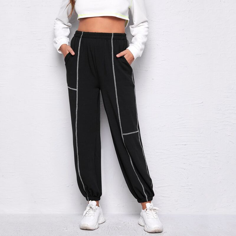 

Contrast Topstitching Sweatpants, Black