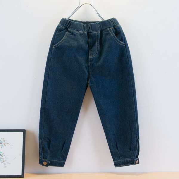 

Toddler Boys Buttoned Hem Solid Jeans, Dark wash
