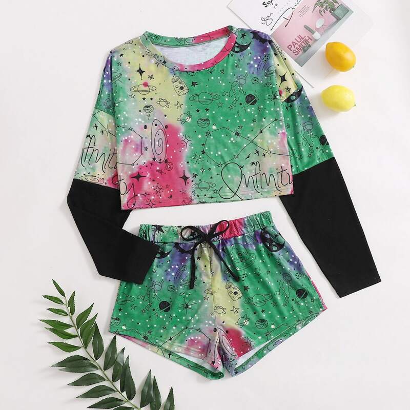

Tie Dye Cartoon Graphic Tee & Shorts PJ Set, Multicolor