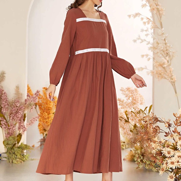 

Square Neck Contrast Lace Smock Dress, Burnt orange