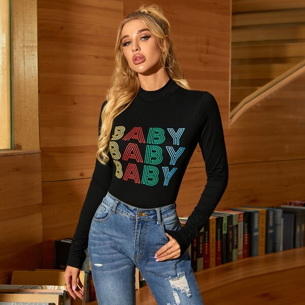 

Letter Graphic Funnel Neck Top, Black
