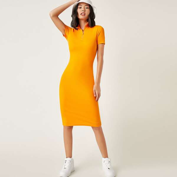 

Zipper Half Placket Bodycon Dress, Orange bright