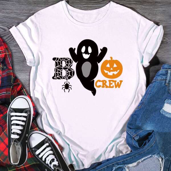 

Halloween And Letter Print Tee, White