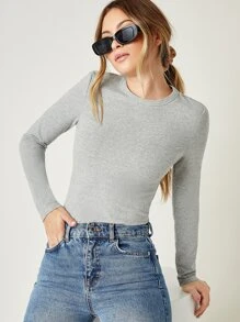 SHEIN BASICS Camiseta algodón unicolor forma ajustada - Gris - Ver 1