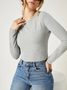 SHEIN BASICS Camiseta algodón unicolor forma ajustada - Gris - Ver 3