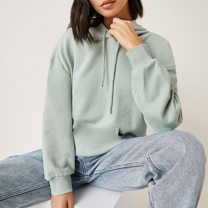 

Drop Shoulder Drawstring Hoodie, Mint green