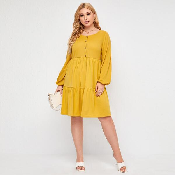 

Plus Button Front Flounce Hem Smock Dress, Yellow