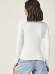 SHEIN BASICS Camiseta tejida de canalé tapeta media con botón - Blanco - Ver 2